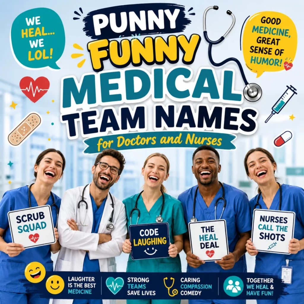 Punny funny medical team names for doctors and nurses with smiling healthcare staff in a colorful hospital setting