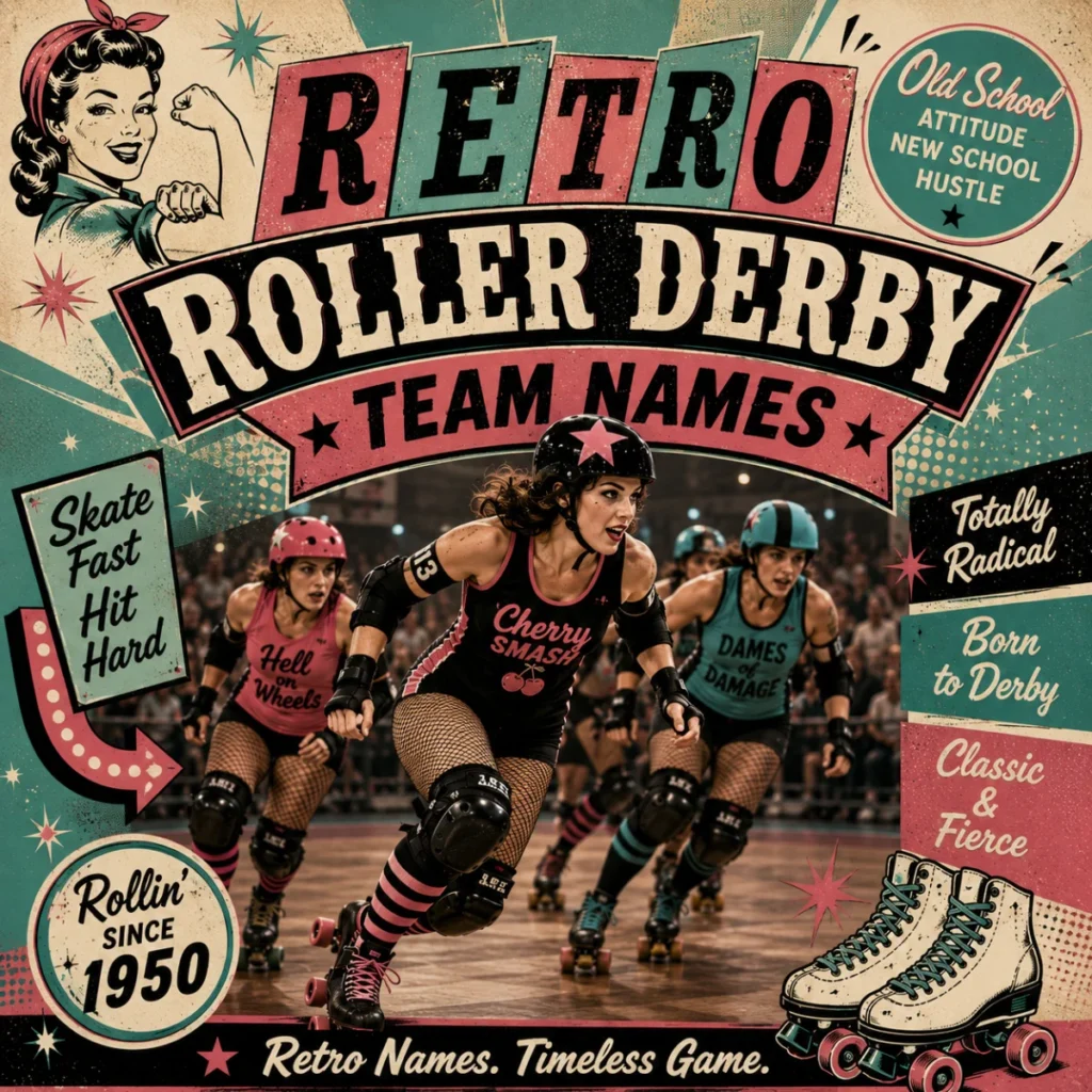 Retro roller derby team names featuring vintage-style skaters, classic roller skates, and a nostalgic 1950s-inspired design