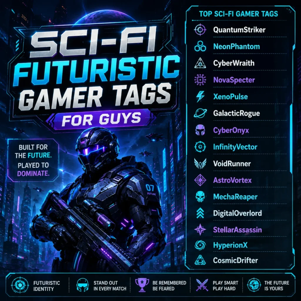 Sci-Fi futuristic gamer tags for guys with a cyber soldier, neon cityscape, and futuristic gaming username ideas