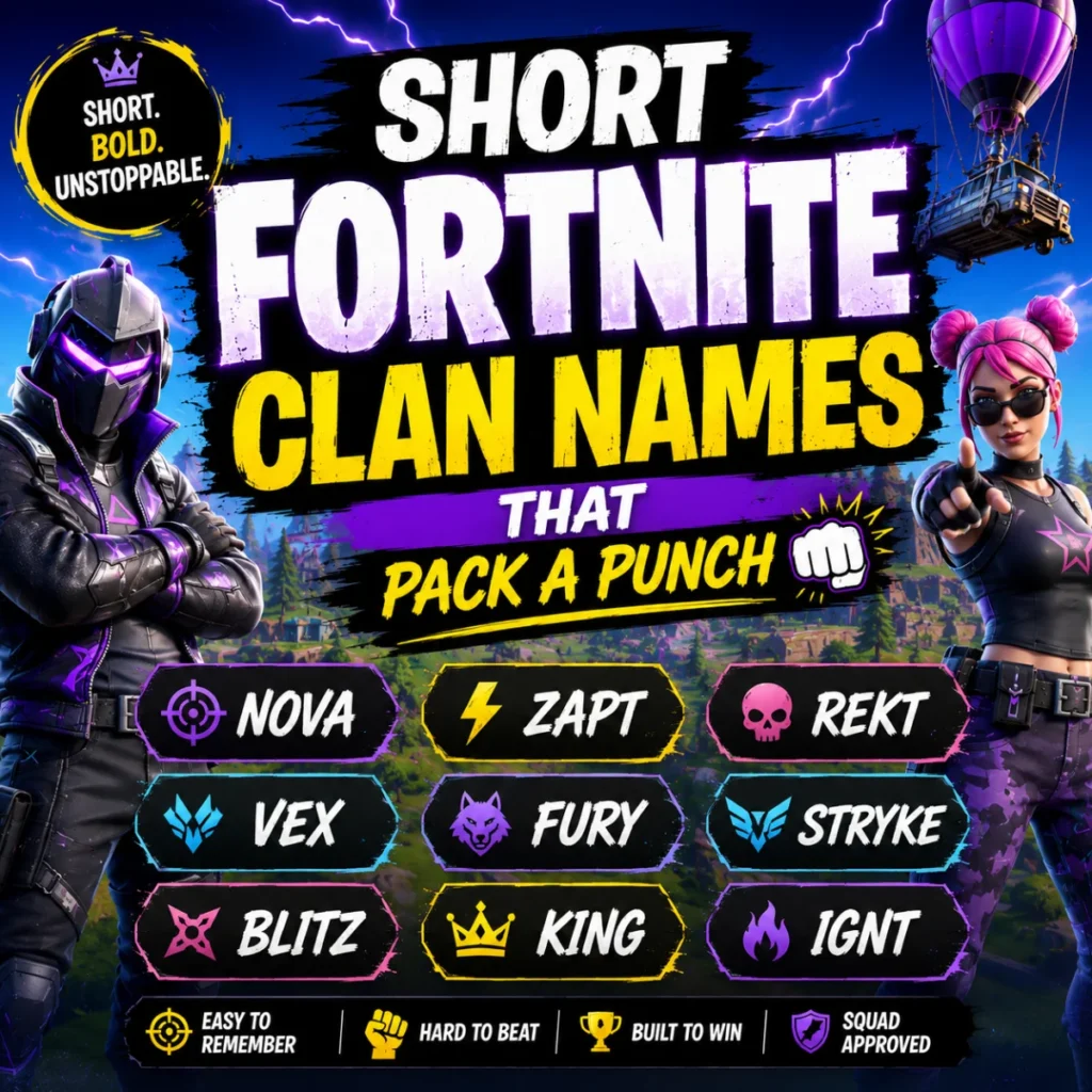 Short Fortnite clan names with bold Fortnite-inspired characters and powerful one-word squad name ideas