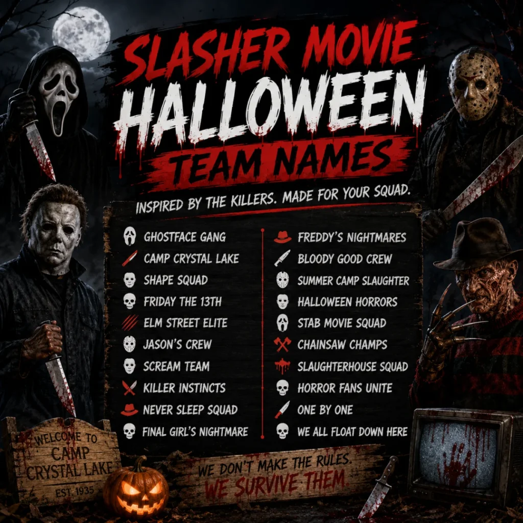 Slasher movie Halloween team names poster with horror-inspired squad names, masked killers, pumpkins, and spooky night theme