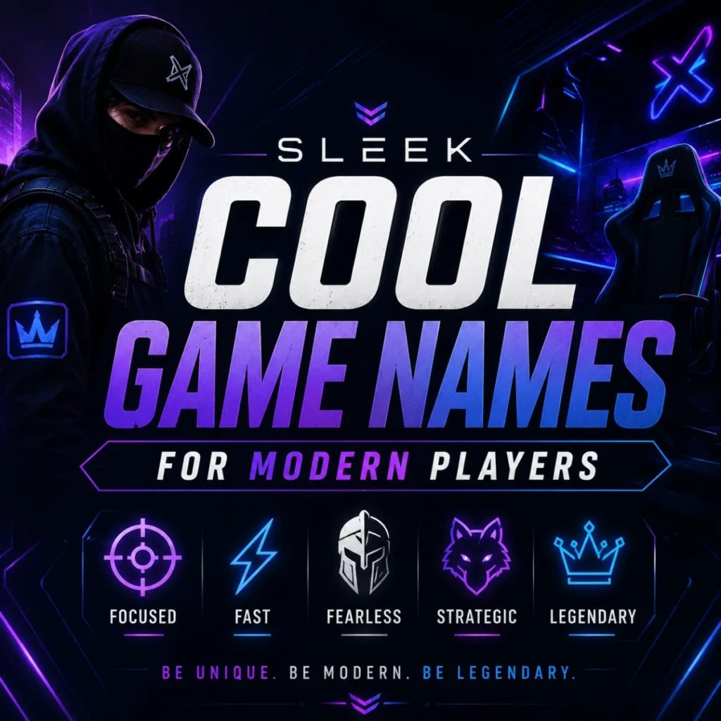 Sleek cool game names for modern players with futuristic gaming character and neon cyberpunk gaming setup