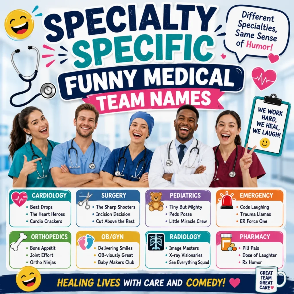 Specialty specific funny medical team names with doctors and nurses from different healthcare departments