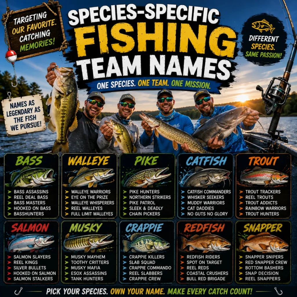Species-specific fishing team names image with bass, walleye, pike, catfish, trout, salmon, and anglers on a fishing boat.