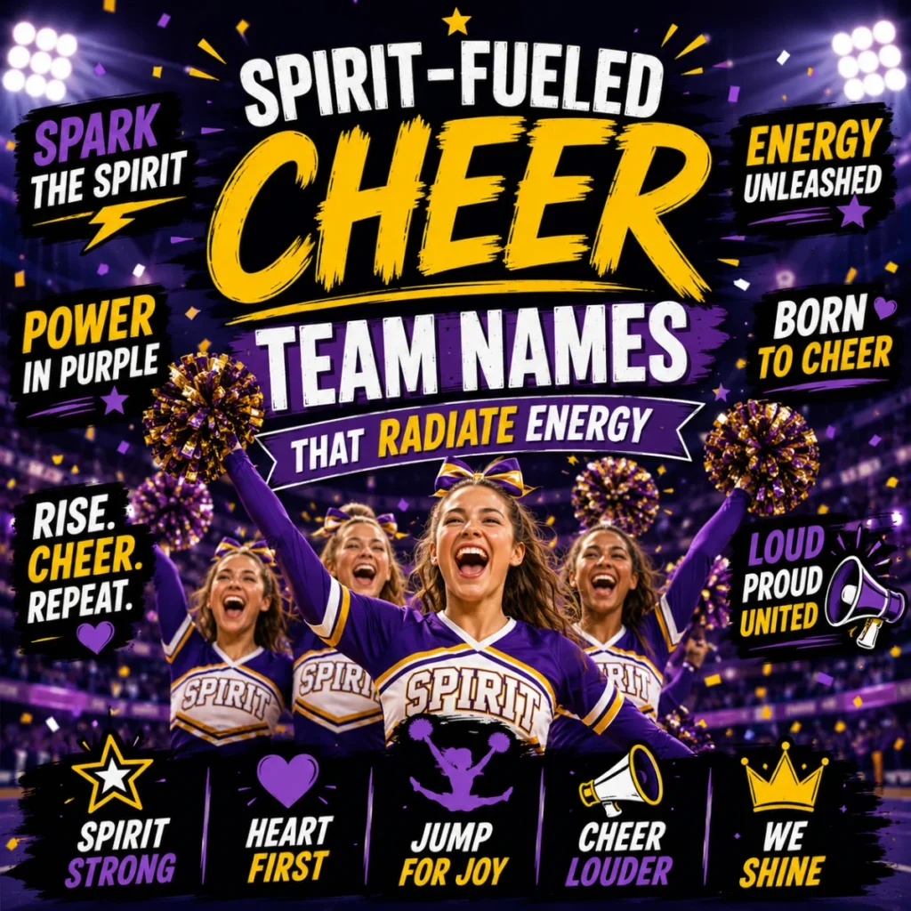 Spirit-fueled cheer team names image with cheerleaders, pom-poms, stadium lights, and high-energy team spirit.