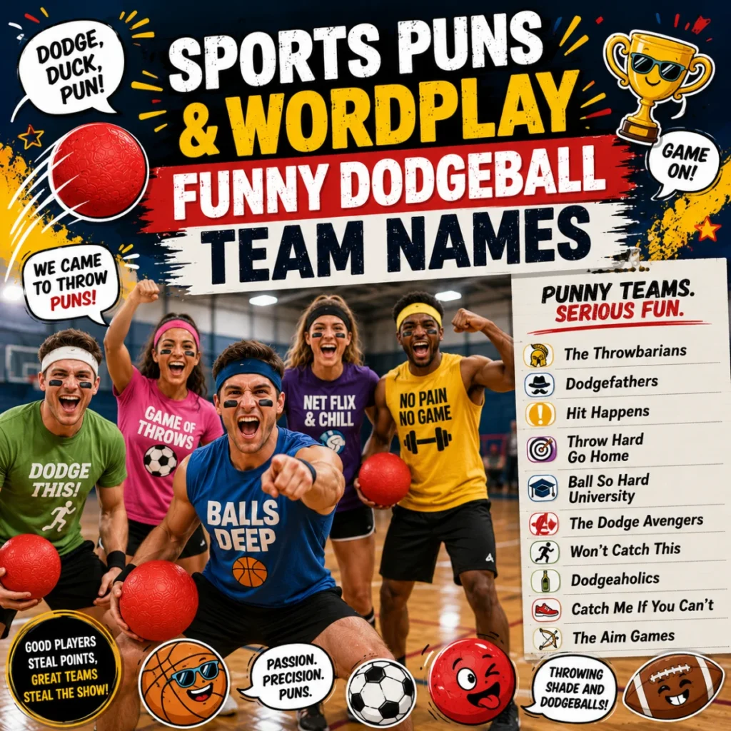 Sports puns and wordplay funny dodgeball team names with energetic players, red dodgeballs, and a colorful gym backdrop.