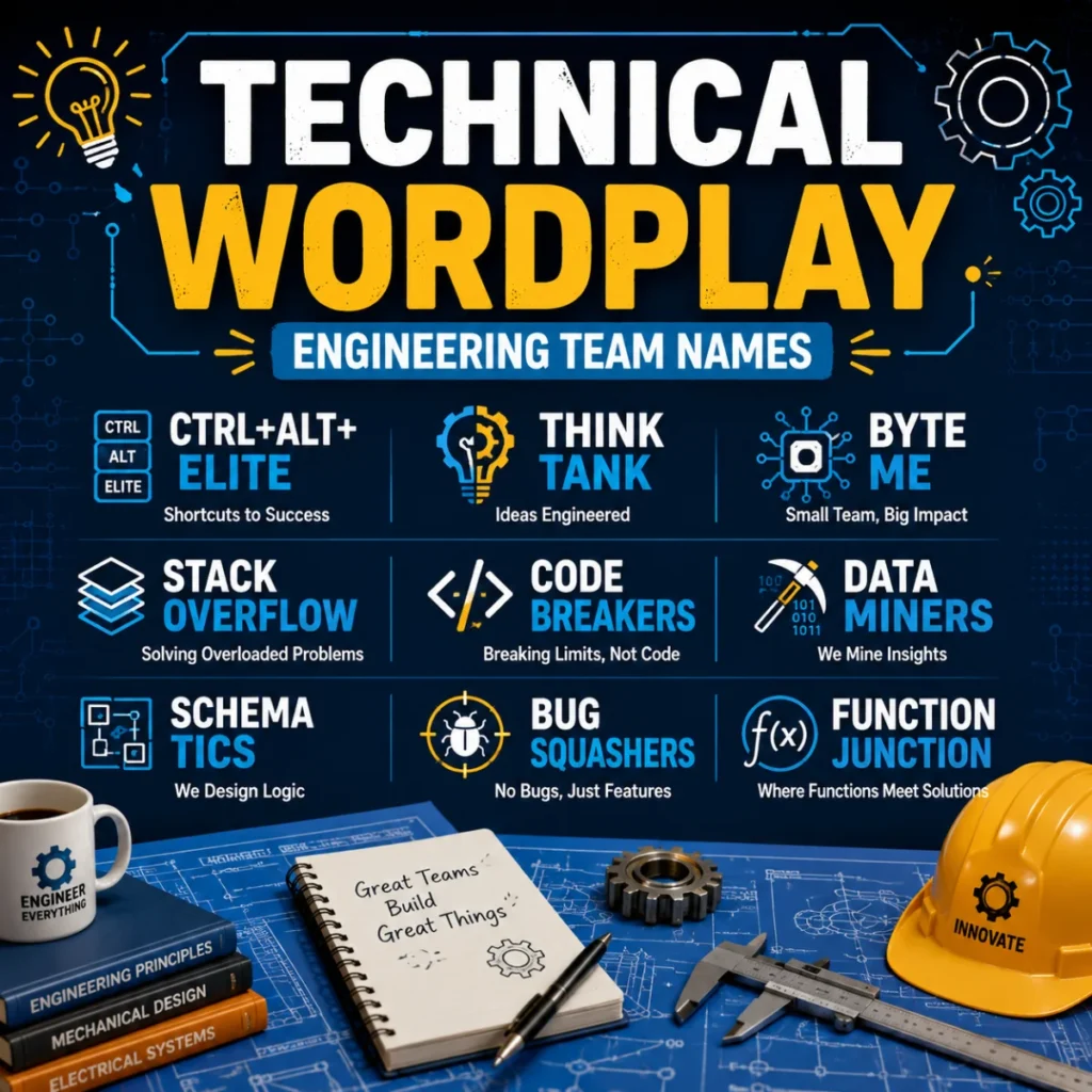 Technical wordplay engineering team names with creative coding, data, and innovation-inspired ideas for engineering teams.