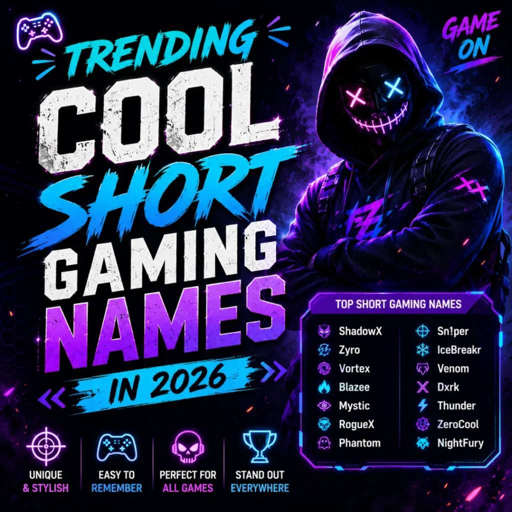 Trending cool short gaming names in 2026 with a futuristic gamer and stylish username ideas for gamers