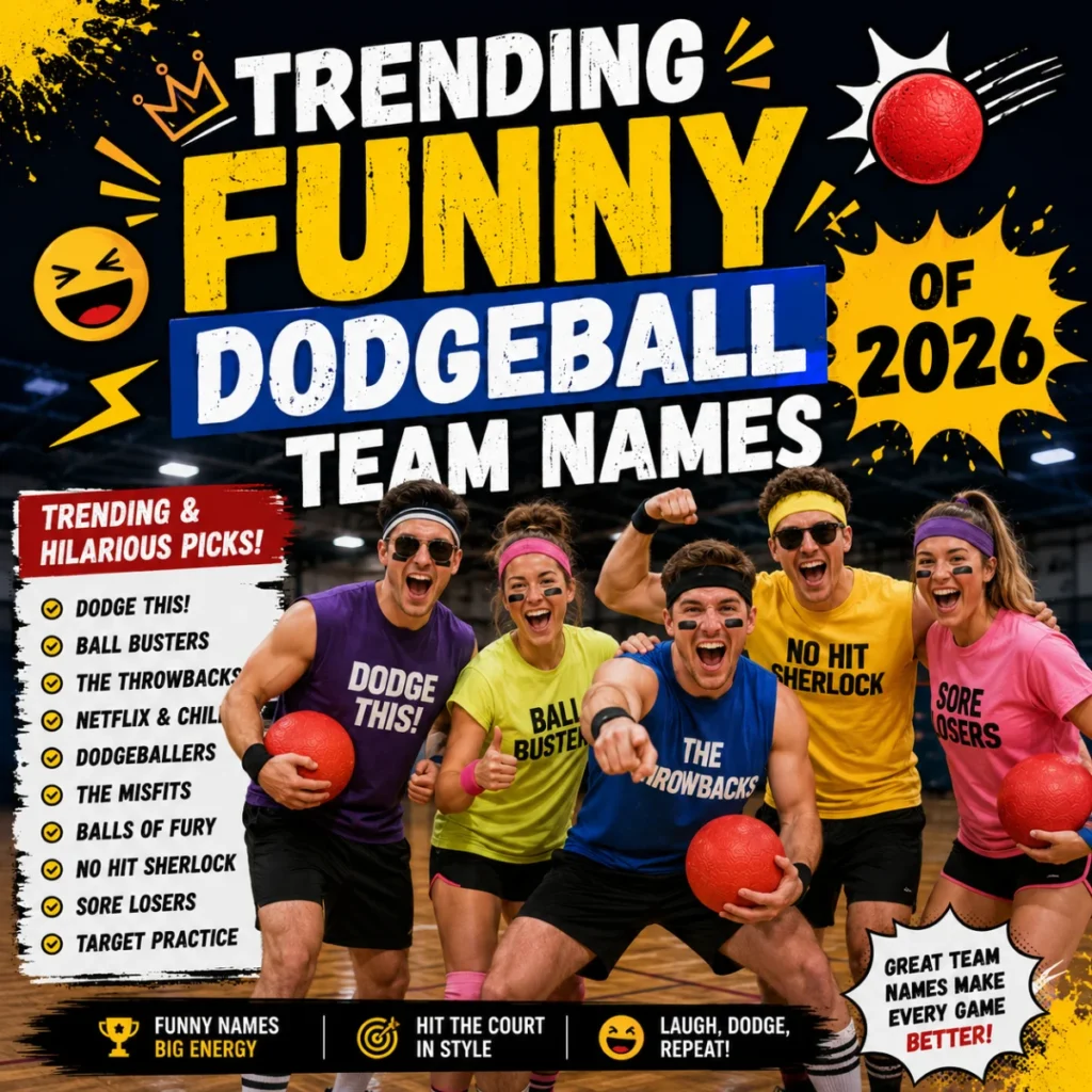 Trending funny dodgeball team names of 2026 with energetic players, red dodgeballs, and a colorful indoor gym background.