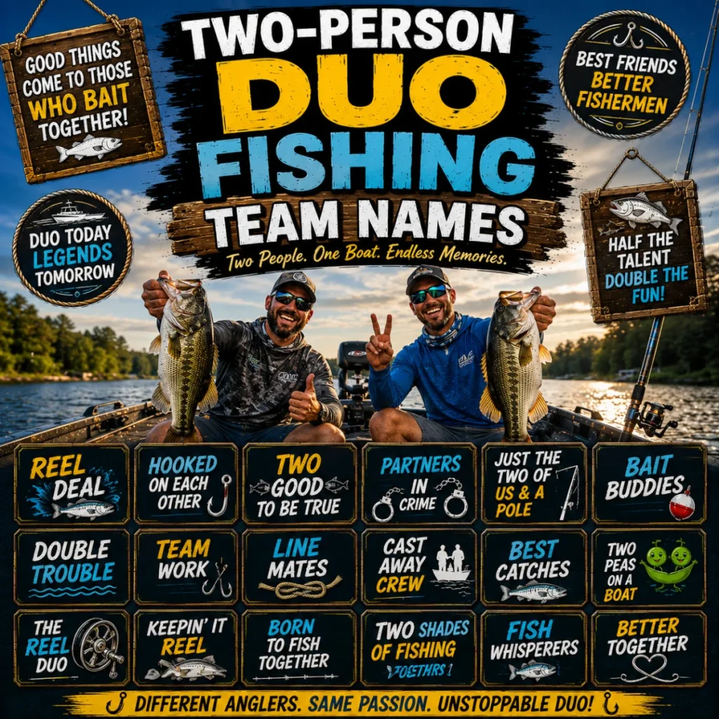 Two-person duo fishing team names image with two anglers, bass fish, fishing boat, lake, and creative fishing team graphics.