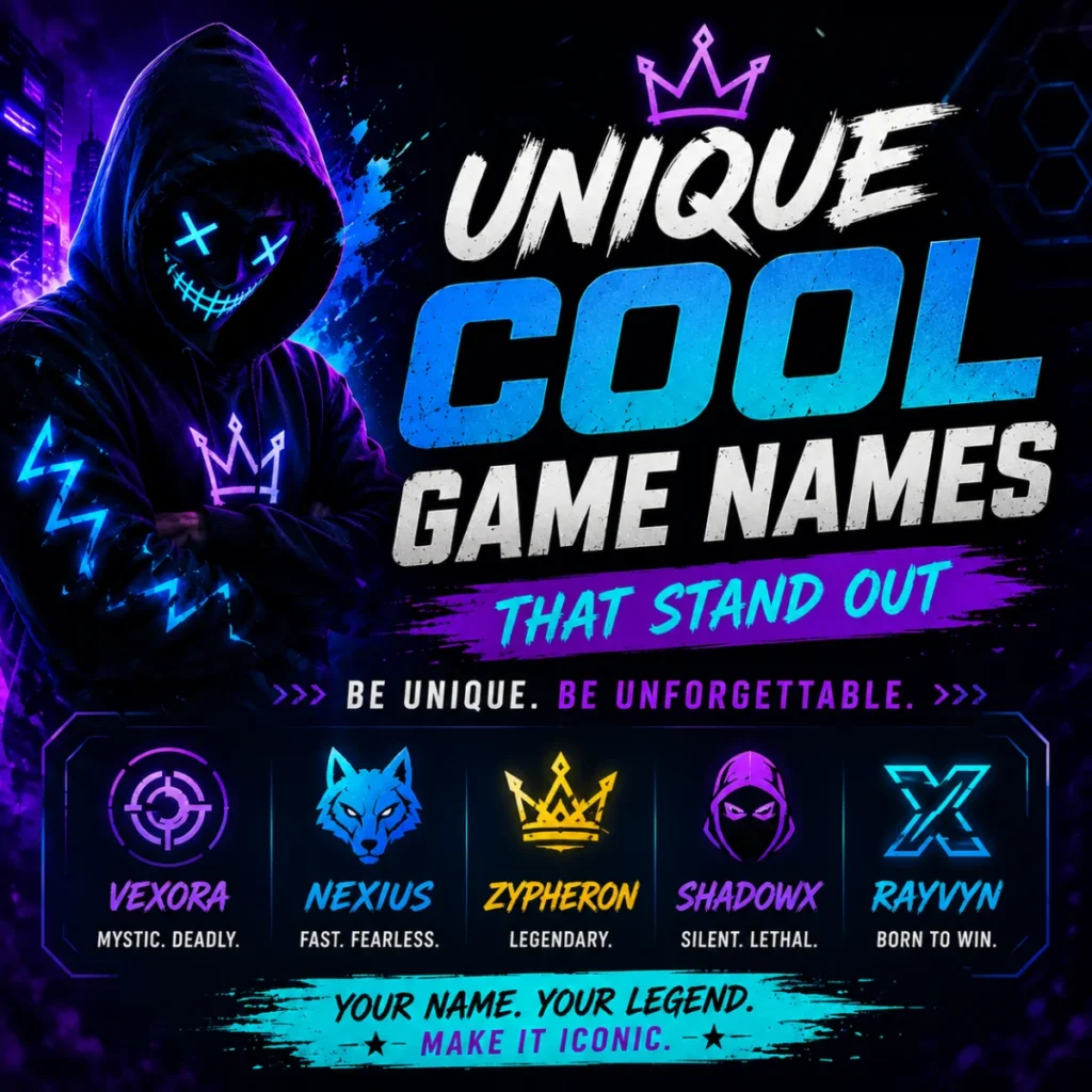 Unique cool game names that stand out with neon gaming character and futuristic cyberpunk-inspired design