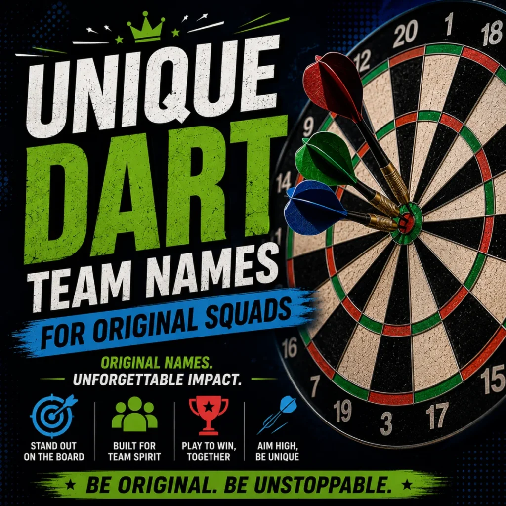 Unique Dart Team Names for Original Squads with colorful darts hitting the bullseye on a dartboard