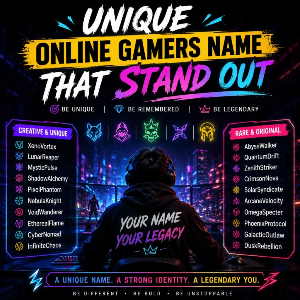 Unique online gamer names that stand out with neon gaming setup, creative usernames, and futuristic esports theme