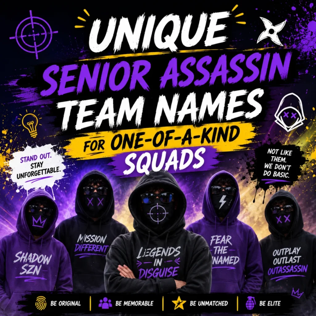 Unique Senior Assassin team names graphic featuring creative masked teammates and bold one-of-a-kind squad design