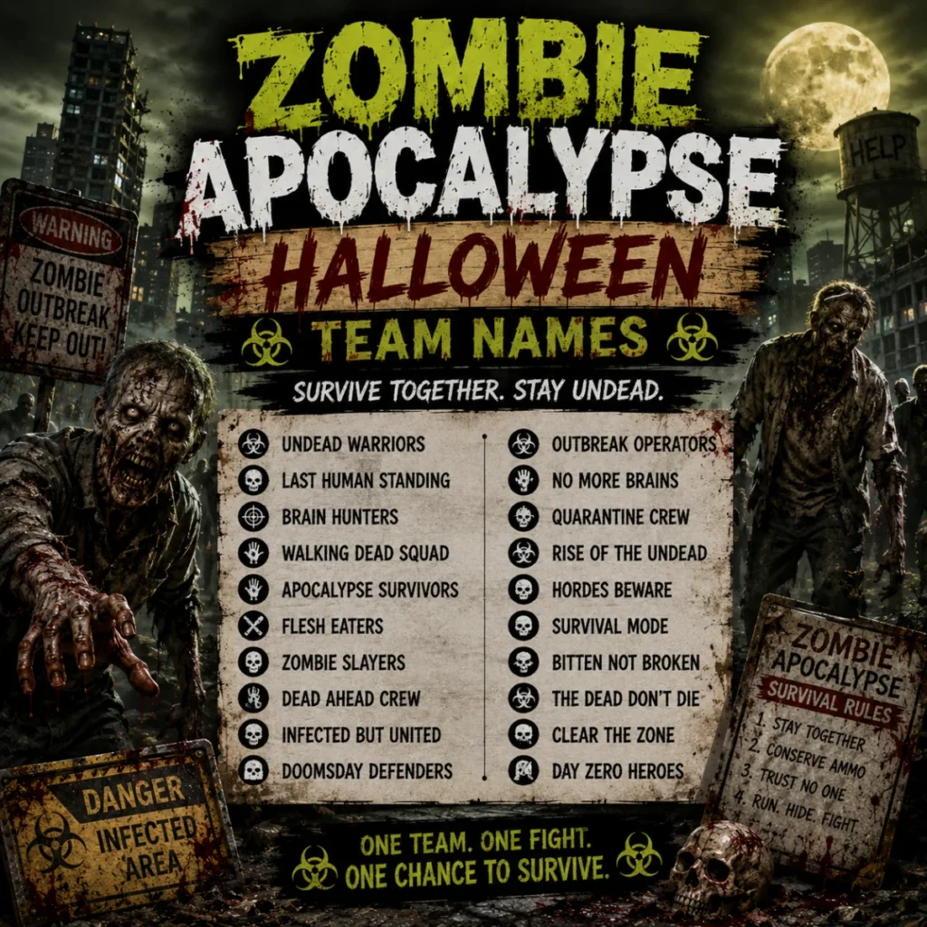 Zombie apocalypse Halloween team names poster with undead survivors, infected city, warning signs, and creepy zombie squads