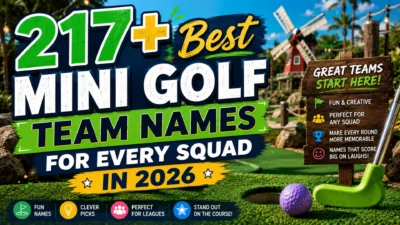217+ best mini golf team names with colorful putter, golf ball, and fun mini golf course for every squad in 2026