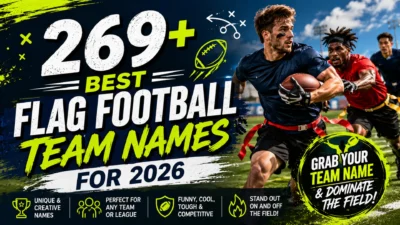 269+ best flag football team names for 2026 with players in action and bold sports-themed title graphic