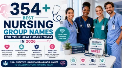 354+ nursing group names for healthcare teams, with nurses, stethoscopes, and medical icons