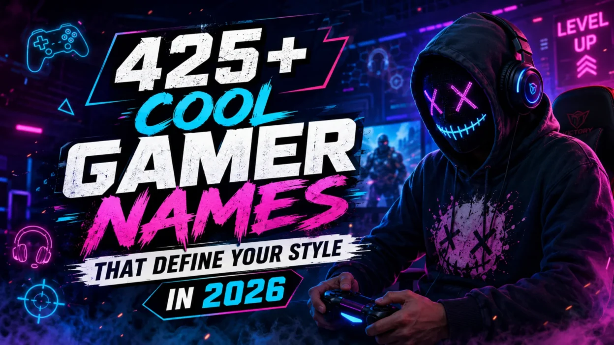 425+ cool gamer names in 2026 featured image with a masked gamer holding a controller in a neon gaming setup