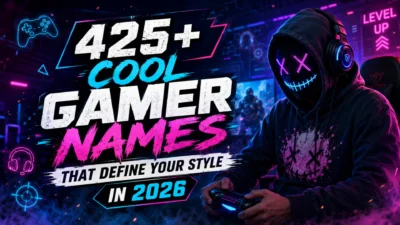 425+ cool gamer names in 2026 featured image with a masked gamer holding a controller in a neon gaming setup