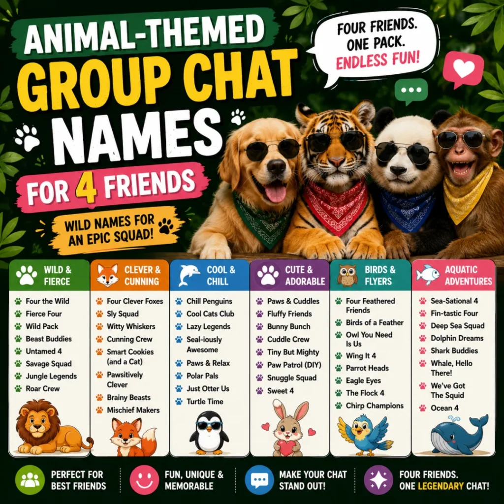Animal-themed group chat names for 4 friends with wild, cute, clever, bird, and aquatic ideas