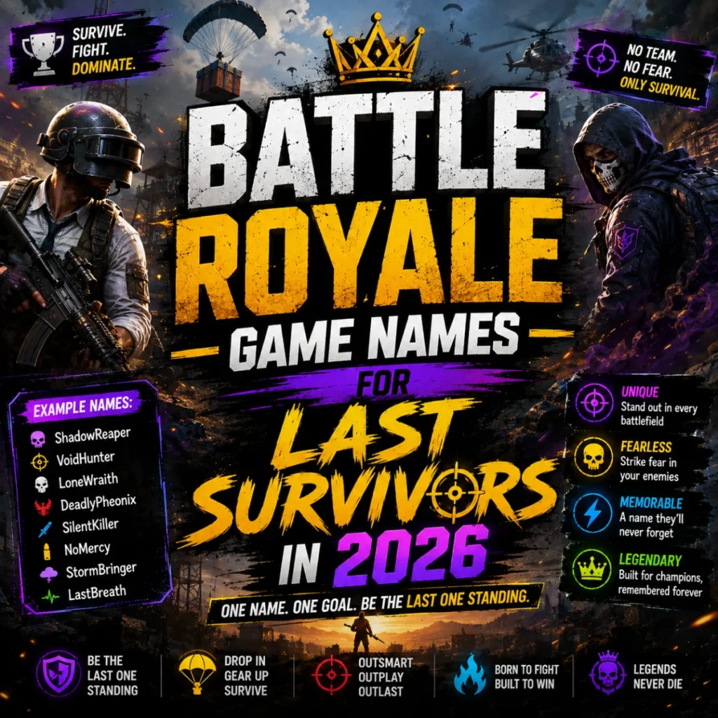 Battle royale game names for last survivors in 2026 with action-packed soldiers, survival theme, and bold gaming artwork