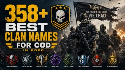 358+ best COD clan names for 2026 featuring elite tactical soldiers, military emblems, and a cinematic battlefield background.