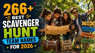 Group of friends solving clues with a treasure map for the best scavenger hunt team names in 2026