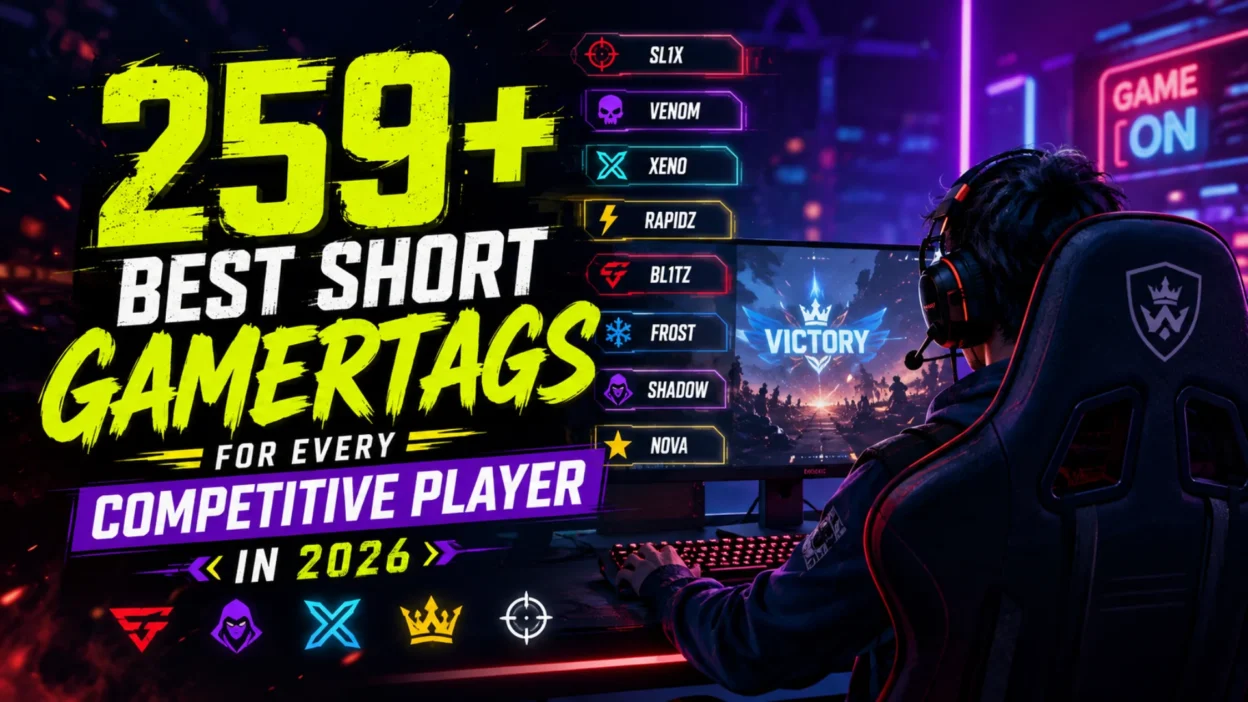 259+ best short gamertags for every competitive player in 2026 with a neon esports gaming setup and pro gamer.