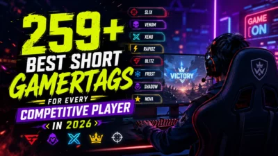 259+ best short gamertags for every competitive player in 2026 with a neon esports gaming setup and pro gamer.