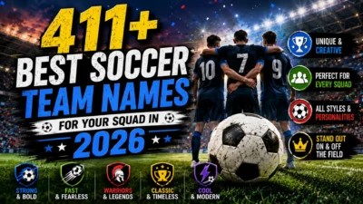 411+ best soccer team names for 2026 with players, soccer ball, and stadium background for every squad
