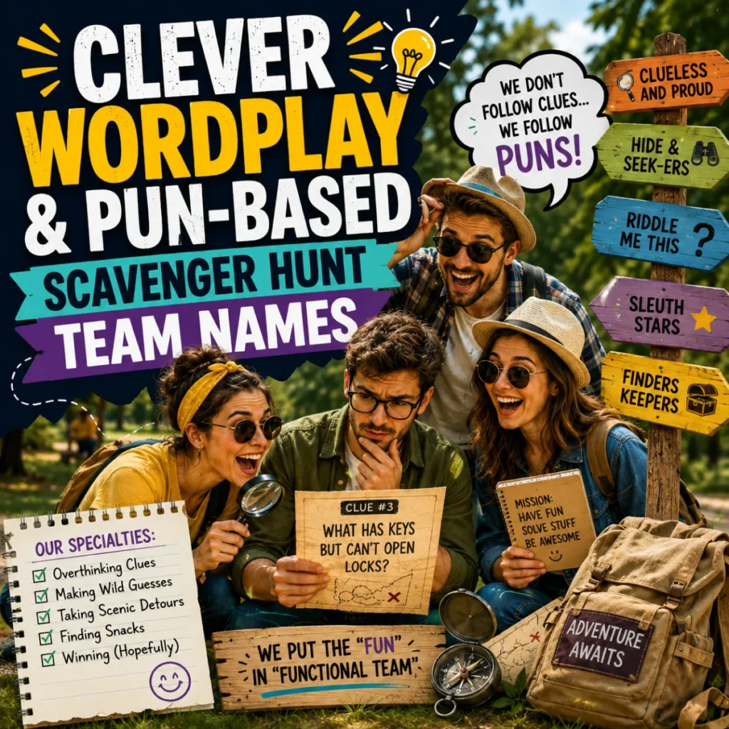 Friends solving clues with clever pun-based scavenger hunt team names in a fun outdoor adventure setting