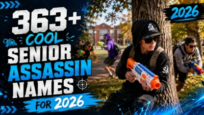 Cool Senior Assassin Names 2026 featured image with students playing a water blaster game on a school campus.