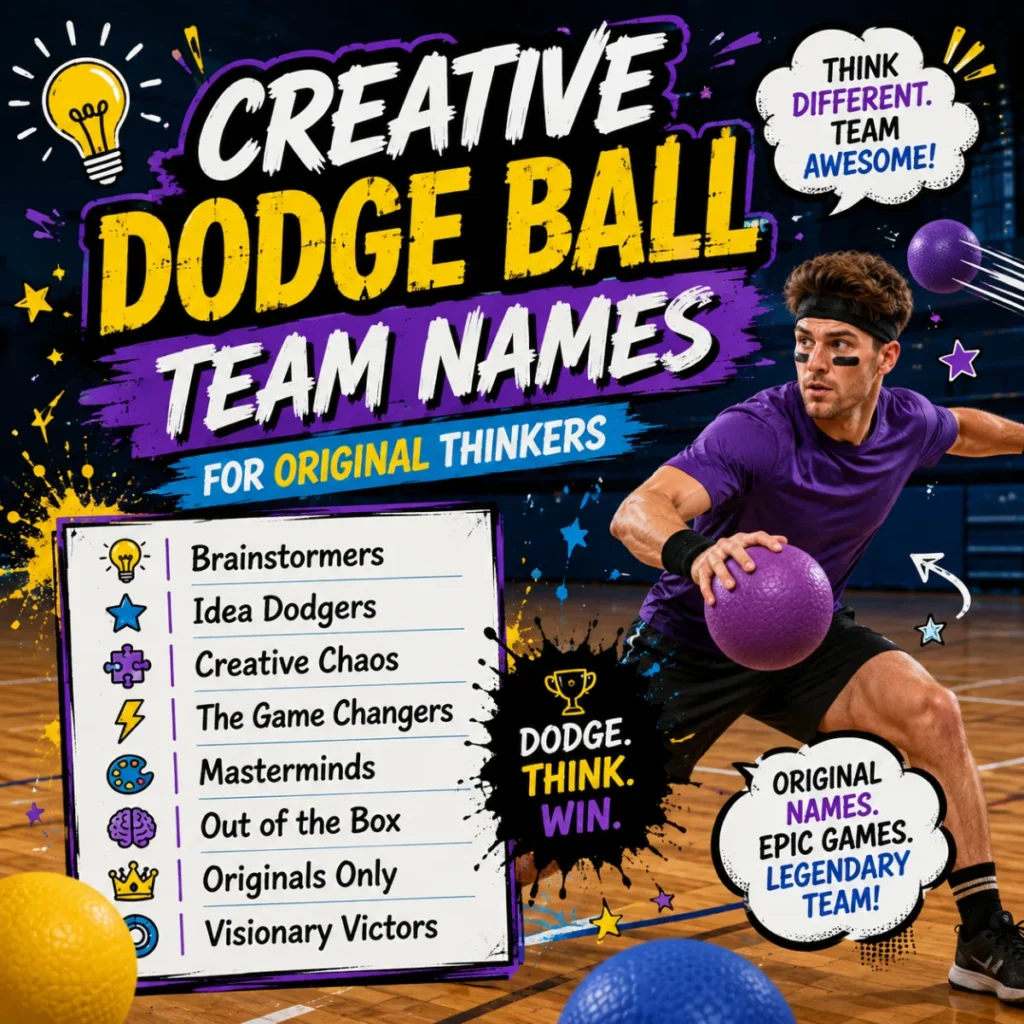 Creative dodge ball team names with original ideas, playful graphics, and an athletic player in action
