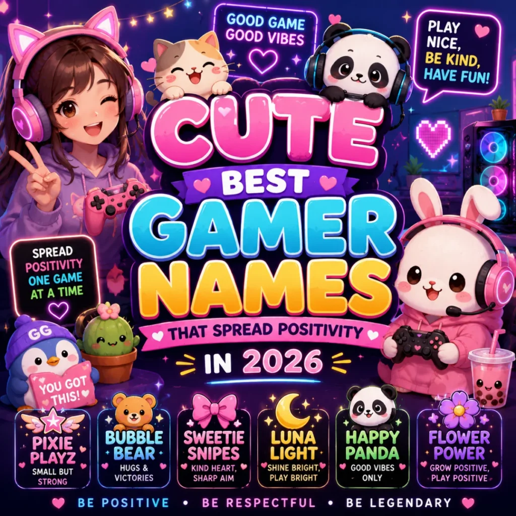 Cute best gamer names in 2026 with kawaii gaming characters, pastel colors, and positive gaming vibes