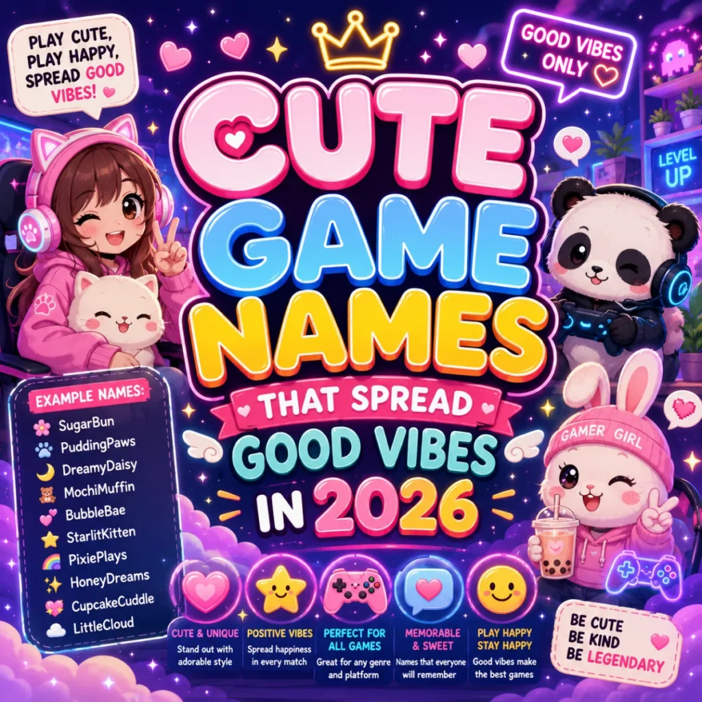 Cute game names for every player in 2026 with adorable gaming characters, pastel colors, and positive gaming vibes