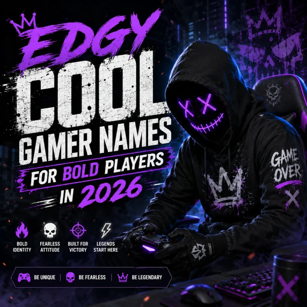 Edgy cool gamer names for bold players in 2026 with a masked gamer holding a controller in a neon gaming setup