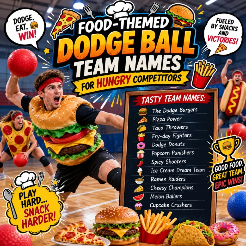 Food-themed dodge ball team names with burgers, pizza, tacos, and players in a colorful gym