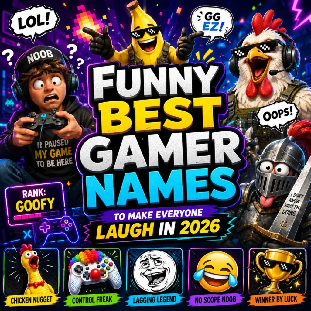 Funny best gamer names in 2026 with hilarious gaming characters, memes, and playful esports-inspired design