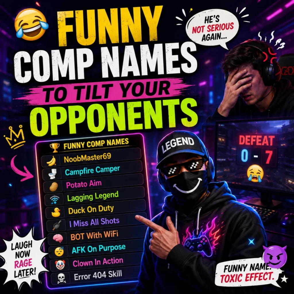 Funny comp names to tilt opponents with playful gaming names, a frustrated rival, and a neon esports setup.