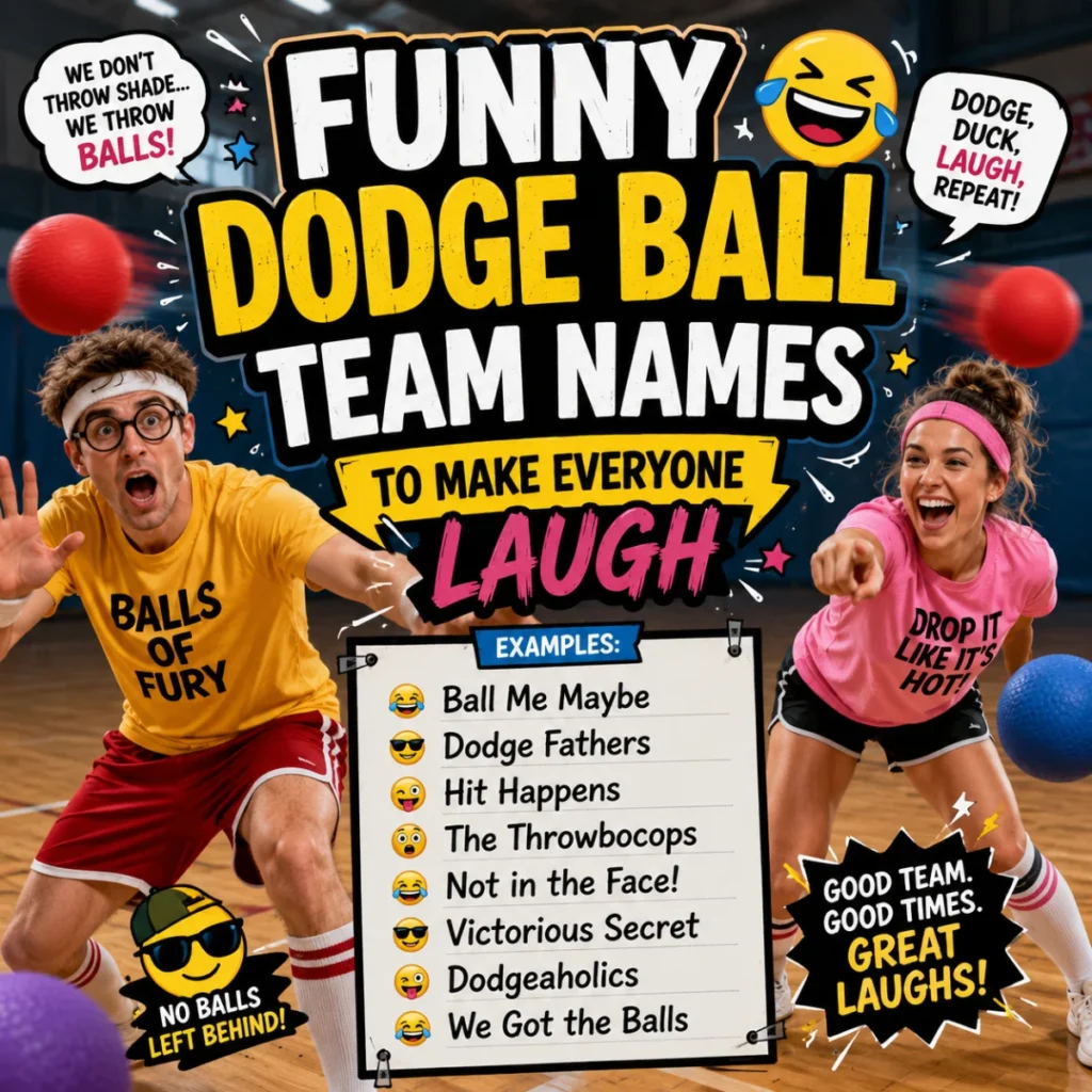 Funny dodge ball team names with playful players, emojis, and creative ideas to make everyone laugh