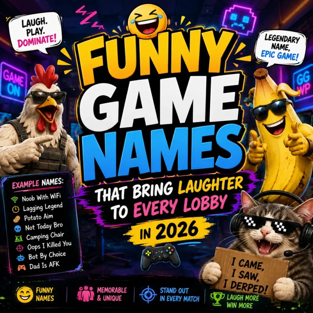 Funny game names for every player in 2026 with hilarious gaming characters, memes, and colorful esports-inspired artwork