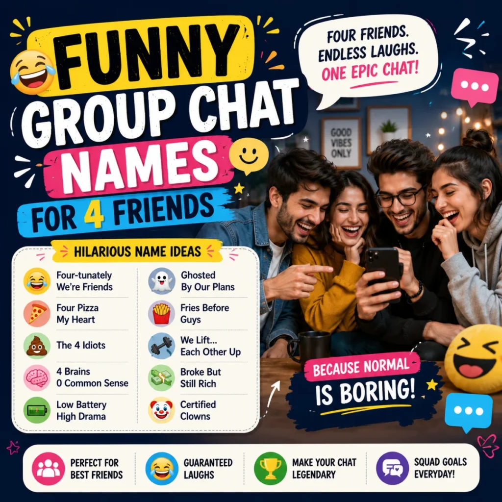 Funny group chat names for 4 friends with hilarious ideas for a memorable squad chat
