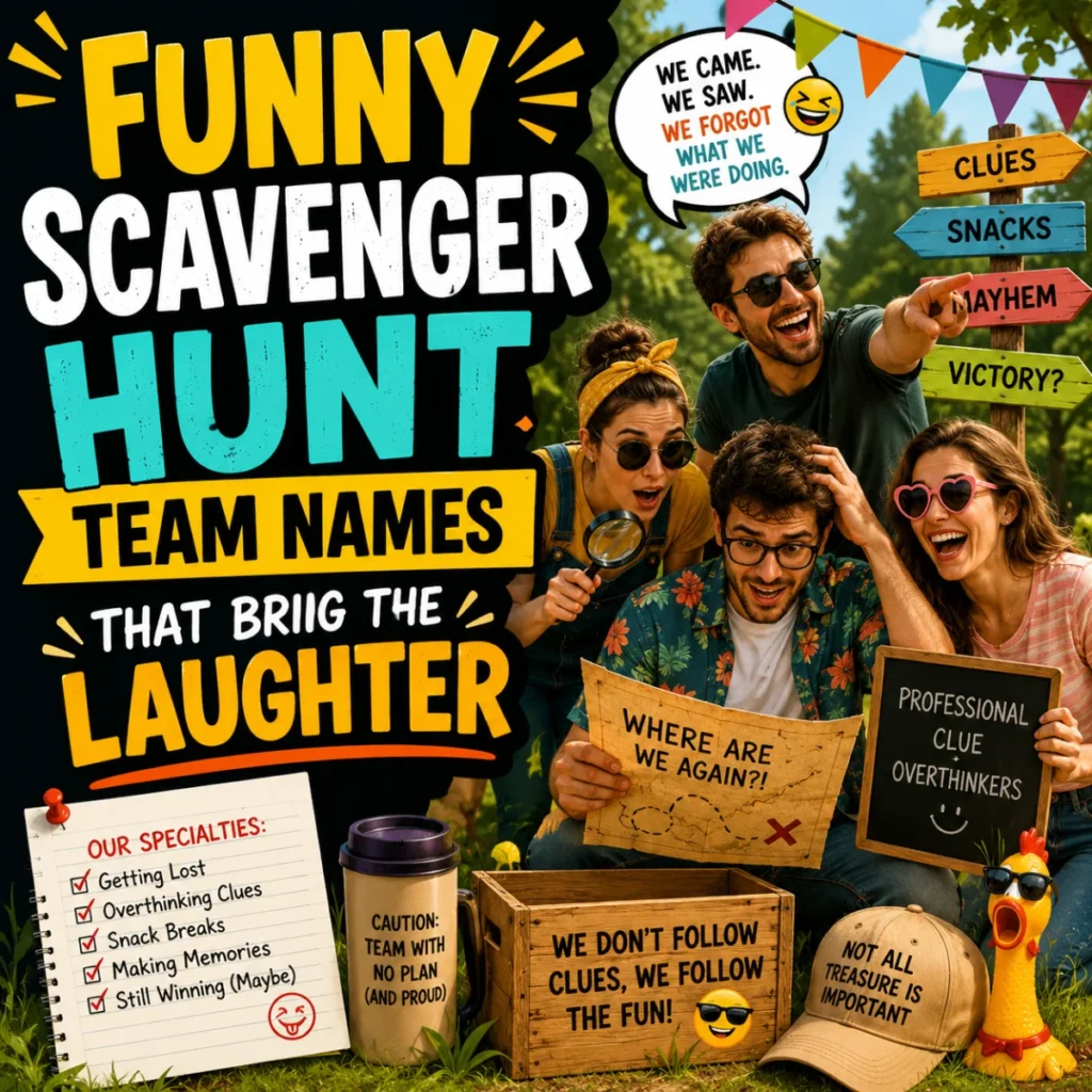 Friends laughing during a funny scavenger hunt with humorous team names, clues, and maps in a colorful outdoor setting