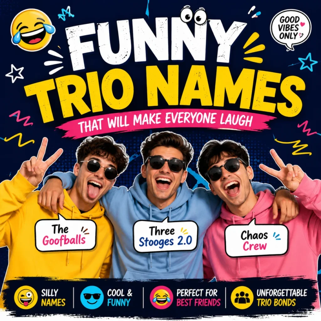 Funny trio names for best friends with three friends laughing in colorful hoodies