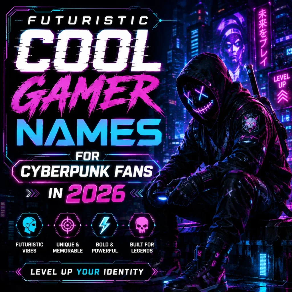 Futuristic cool gamer names for cyberpunk fans in 2026 with a neon masked gamer in a cyberpunk city
