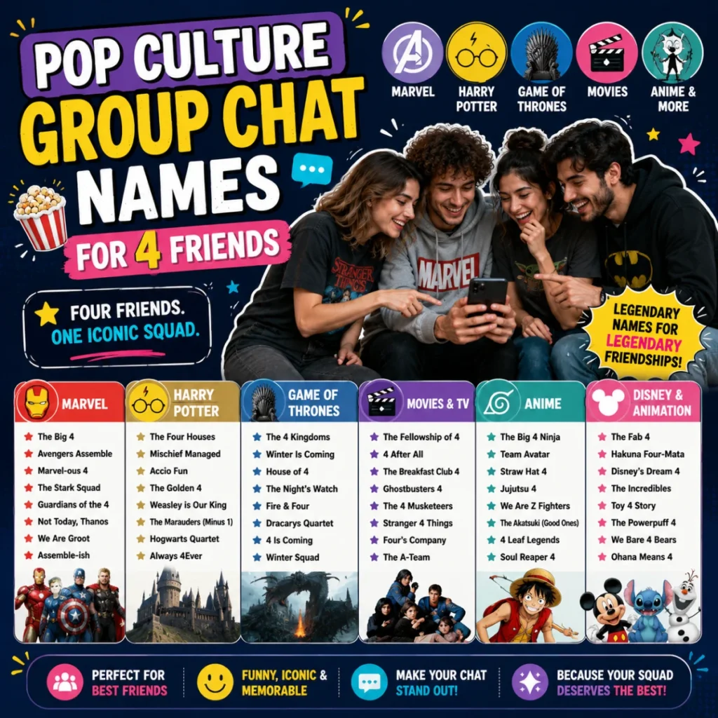 Pop culture group chat names for 4 friends inspired by Marvel, Harry Potter, anime, movies, and TV