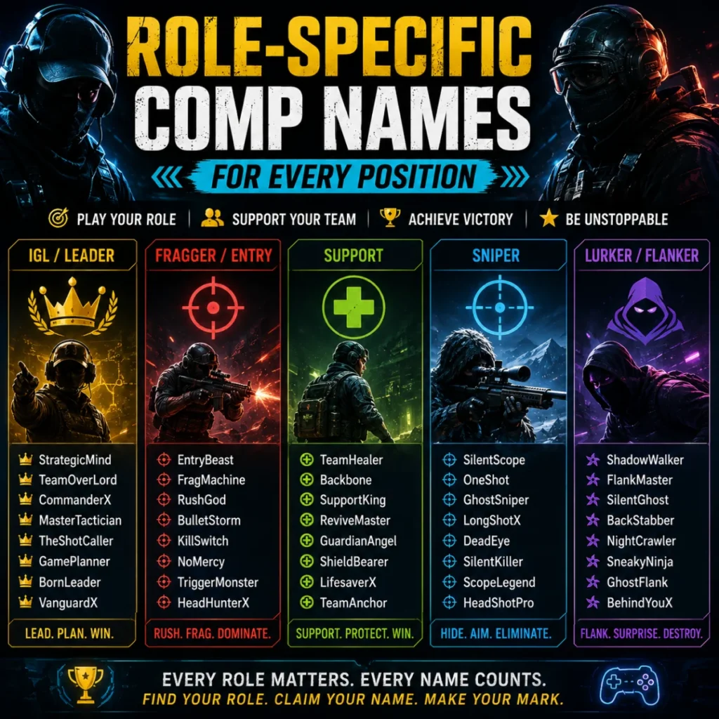 Role-specific comp names for every gaming position, including IGL, fragger, support, sniper, and lurker roles.