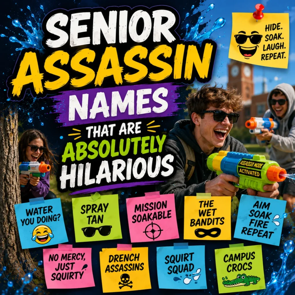 Funny Senior Assassin Names 2026 image with students playing a campus water blaster game and creative team name ideas.