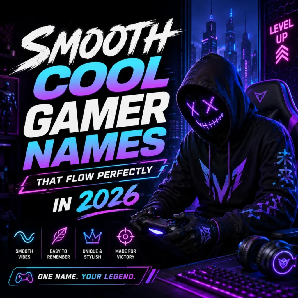 Smooth cool gamer names in 2026 with a neon masked gamer holding a controller in a futuristic gaming room